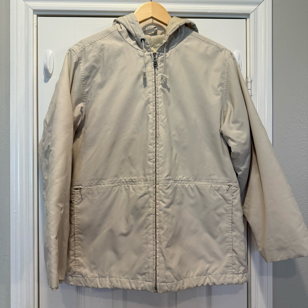 Eddie Bauer Light Jacket Coat Women’s Large Beige Cream Neutral Hooded Full Zip